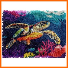 Sea Turtle and Fish Coral Latch Hook Rug Kits Colorful Printed Crochet Yarn D...
