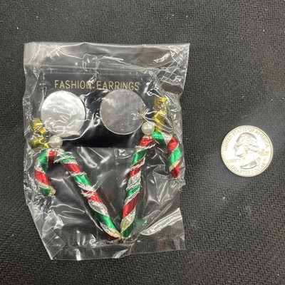 Vintage Enameled Candy Cane With Bow Accent Drop Earrings Christmas Holiday