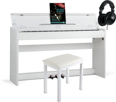 Weißes 88 Tasten-Anfänger Digitalpiano im Set mit Bank, Kopfhörer & Schule