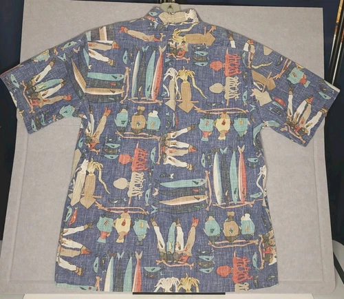 Reyn Spooner Blue Shirt Hawaiian Fishing Lure,Squid Sz XLarge Pull Over