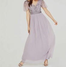 249 Adrianna Papell Women's Purple V-Neck Sheer Sleeve Bead Gown Dress Size 8