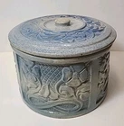 RARE Antique Red Wing #2 Embossed Daisy Floral Blue Salt Glaze Butter W/lid