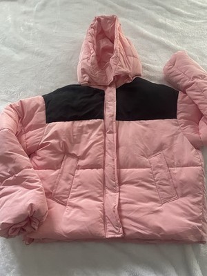 Love Tree Woven Pink Black Puffer Jacket  Small NWOT Zipper Detachable Hood Warm