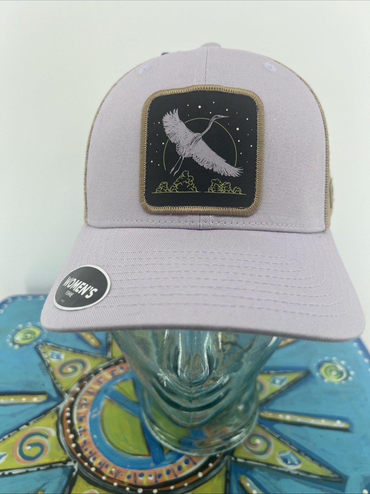 Women&rsquo;s Mesh Ball Cap Purple Heron Crane Tan New