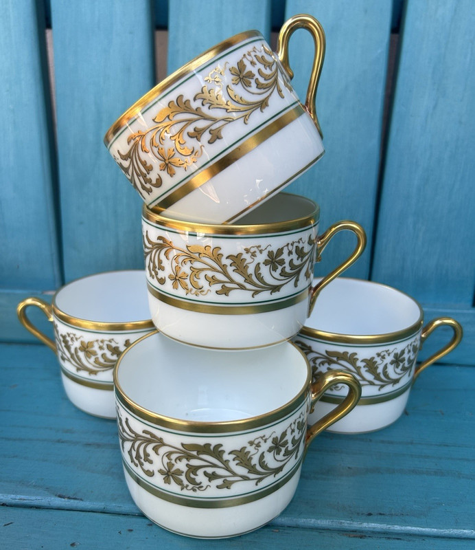 italy 5 X 2 1/4" RICHARD GINORI CUPS acanthus GREEN BAND & GOLD TRIM mugs RARE