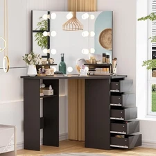 Corner Vanity Desk with Mirror, Lighted Makeup Vanity Table with 5 Drawers SALE