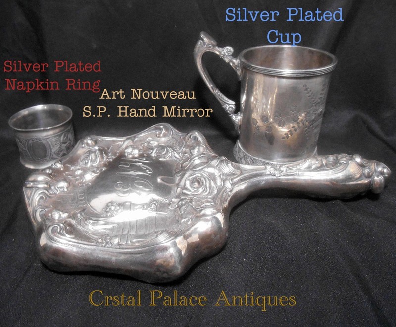 Antique Art Nouveau Silver Plate Handheld Mirror / roses and boy &girl, SP Cup +