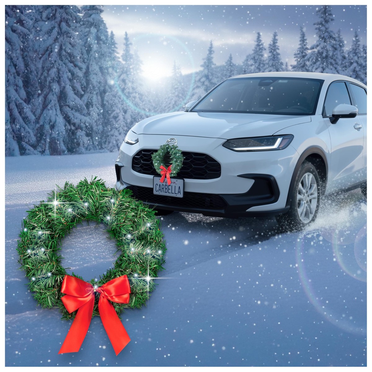 Christmas Wreath for Car Truck SUV Van, LED Light Up with Red Bow