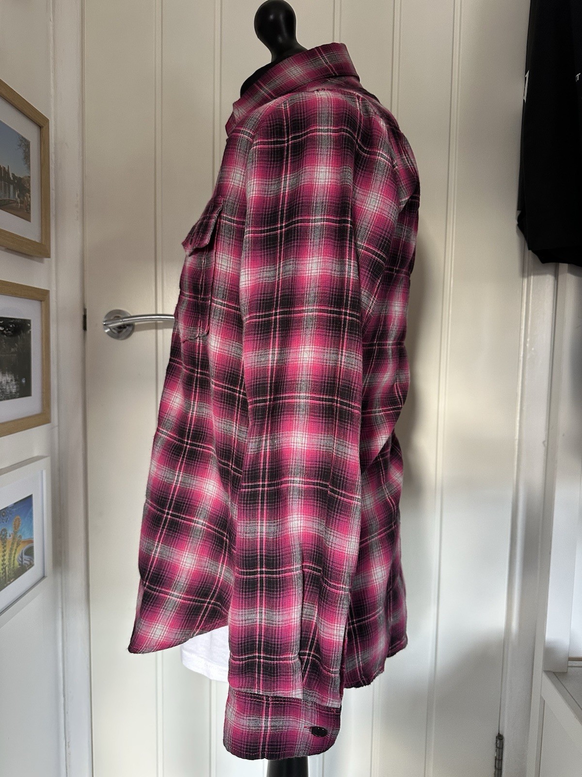 Camicia a quadri Yves Saint Laurent YSL rosa nera e grigia. Taglia M.