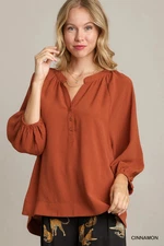 Umgee Cinnamon Notched Neckline Raglan Sleeve High Low Hem Blouse Top