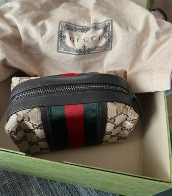 Gucci Black Leather Beige Canvas Makeup Bag with GG Supreme Pattern
