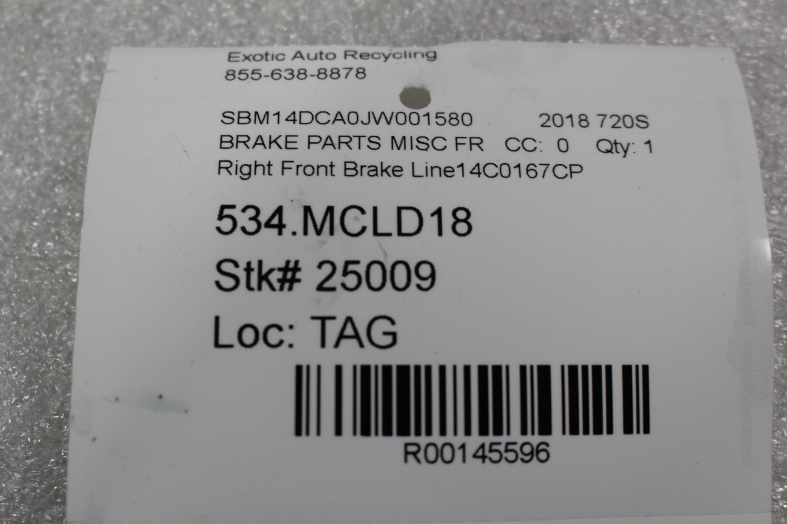 McLaren 720S, RH, Right, Front Brake Line, Used, P/N 14C0167CP