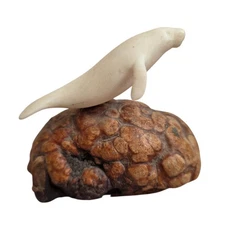 Vintage John Perry Manatee Sculpture On Burl Wood Base Signed 3"x4" Shelf Sitter