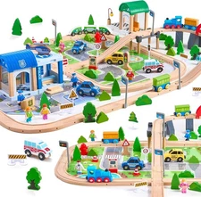 172Pcs Wooden Train Set for Toddlers, Track - Expandable and... 