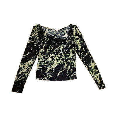Free Press Women's Black Green Abstract Knit Scoop Neck Cropped Stretch Top M