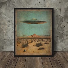 Vintage UFO WESTERN Wall Art, Western Sci-fi Desert Decor, Alien Country Poster