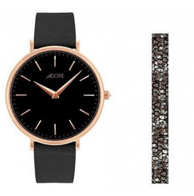 Adore Swarovski Holiday Signature 33mm Black Leather Watch Rose