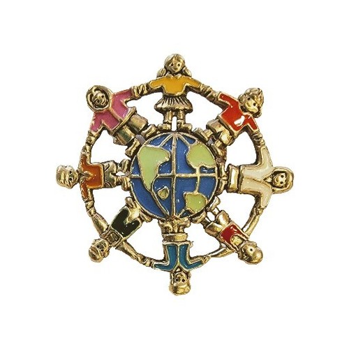 Children Holding Hands Around the Earth World Enamel Brooch Pin 1.1" Colorful