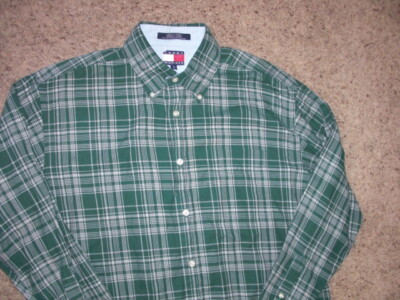 TOMMY HILFIGER green plaid cotton long sleeve button front shirt men's Medium