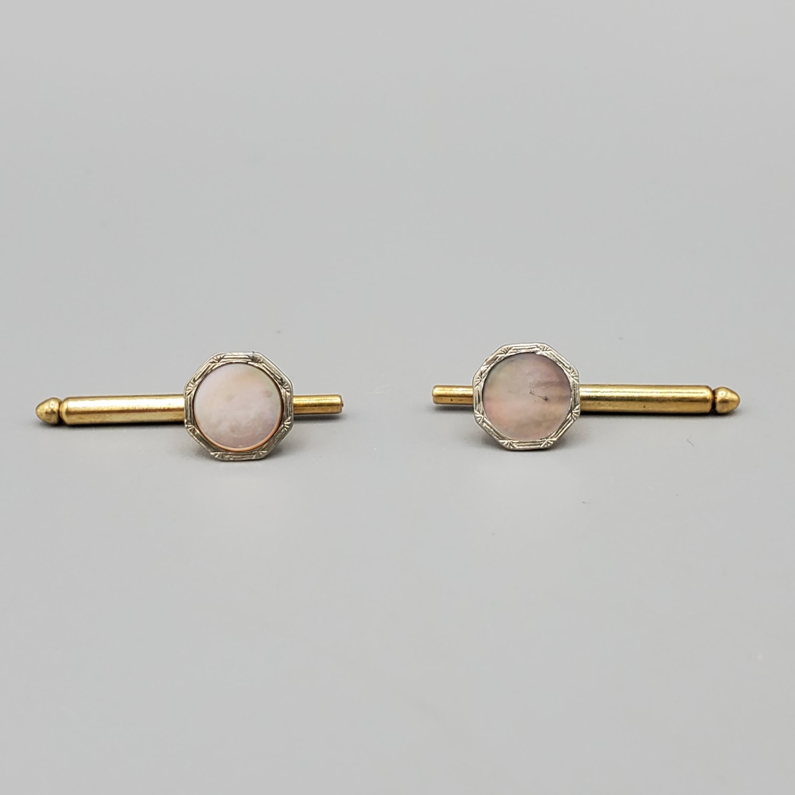 Pair Vintage Art Deco Round Abalone MOP Gold Plated Spring Load Shirt Studs