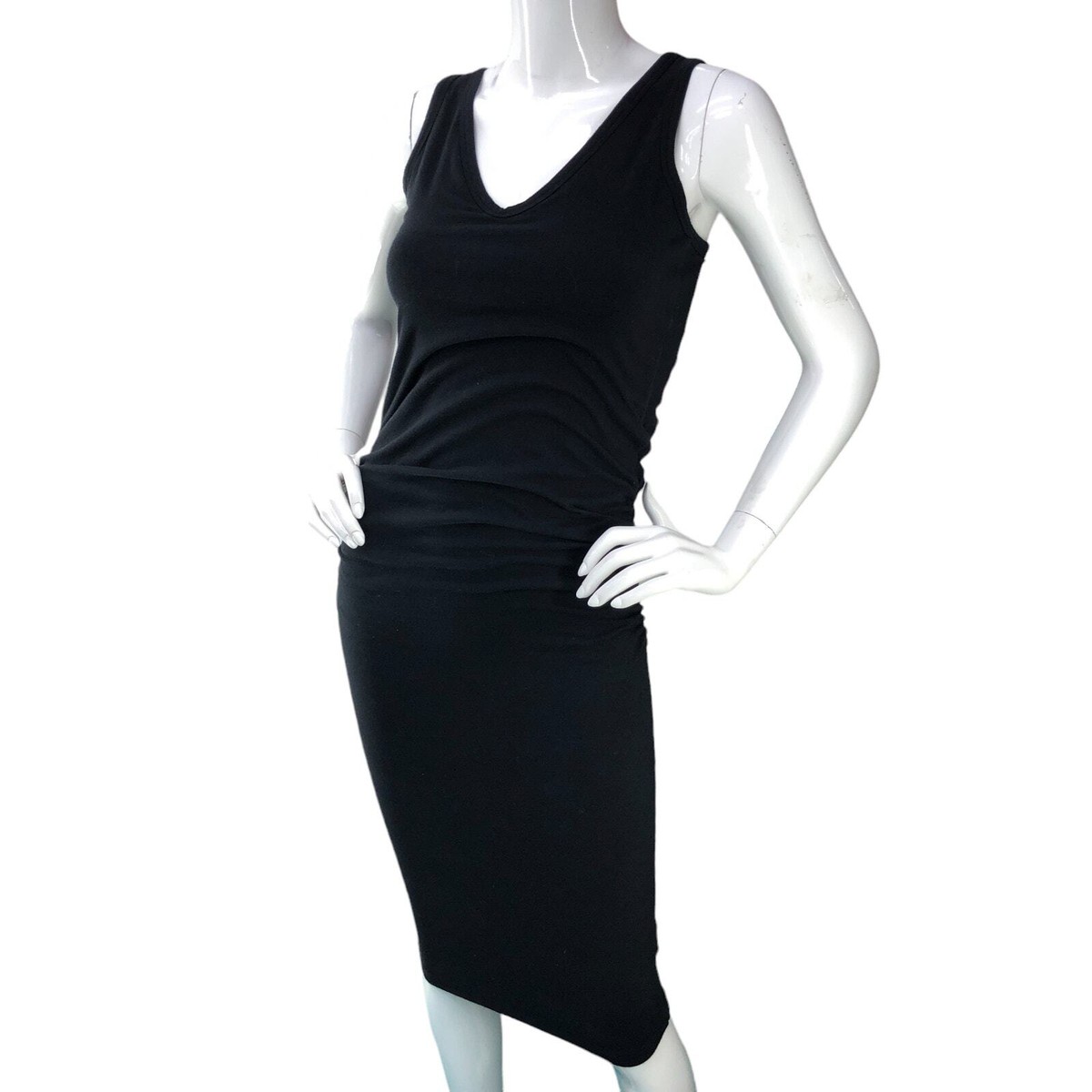 James Perse Standard Womens Size 2 Bodycon Dress Ruched V Neck Black TINY FLAW James Perse Standard Womens Size 2 Bodycon Dress Ruched V Neck Black TINY FLAW