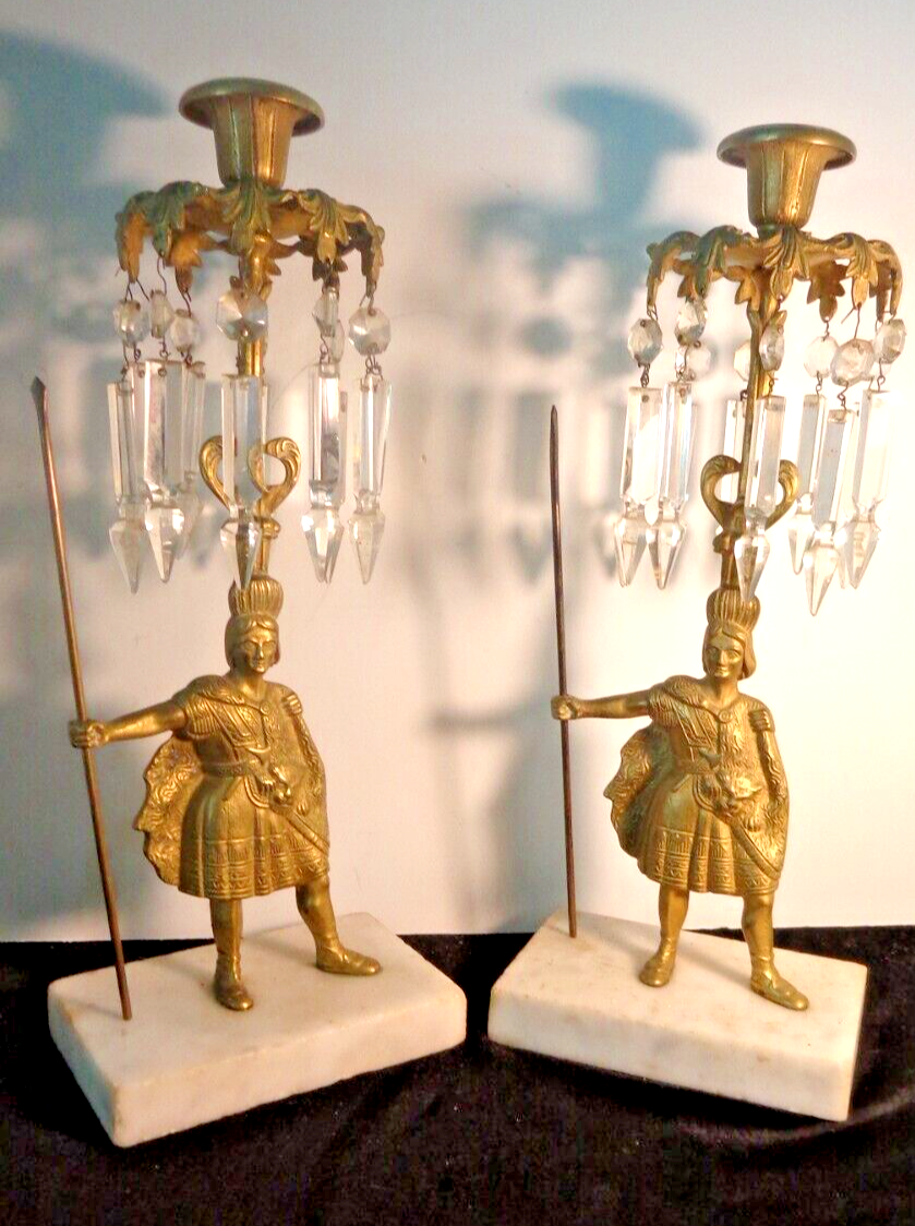 c.1880 Pair Brass Aztec Warrior Mantle Lusters Candle Holders w