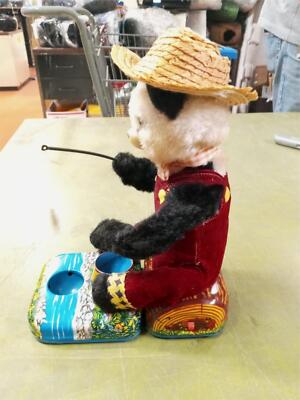 Vtg Working 1950's Battery Operated Fishing Panda Bear Tin Litho