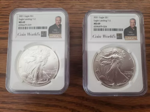 2 coins Pak of: 2021 American Silver Eagle NGC MS69 Eagle Landing T-2 CERTIFIED!