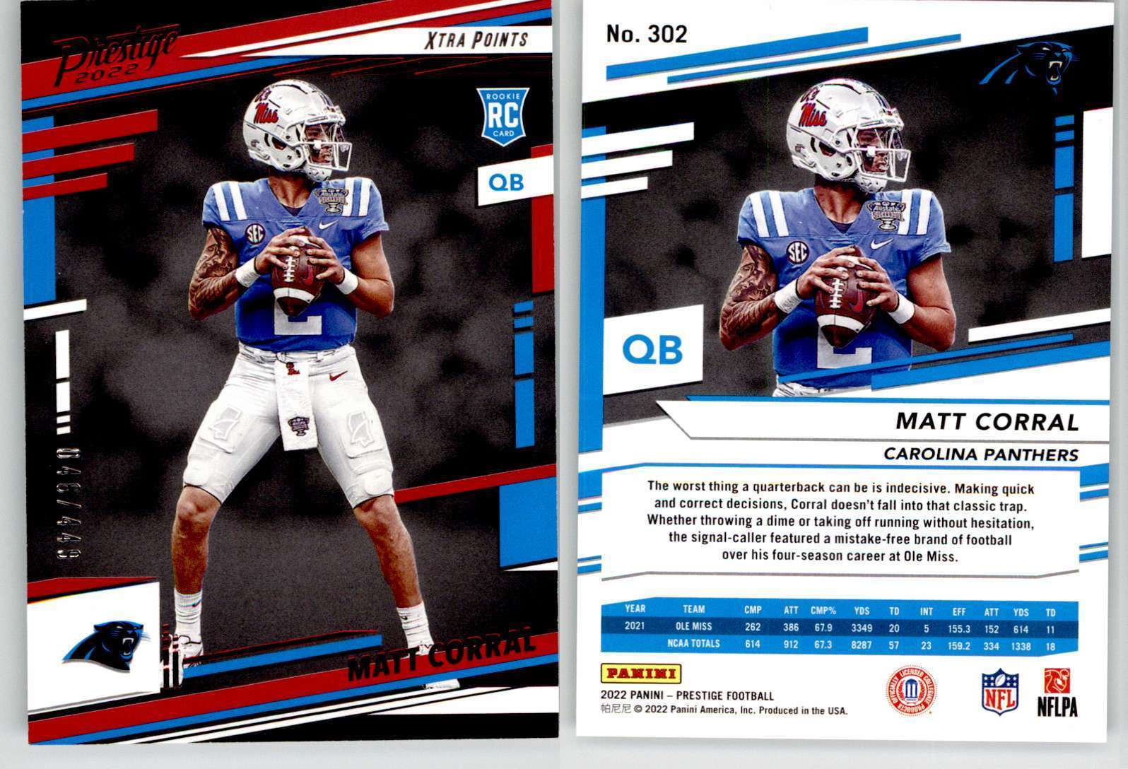Matt Corral 2022 Prestige Xtra Points Red #302 /449 Ole Miss Panthers RC Rookie