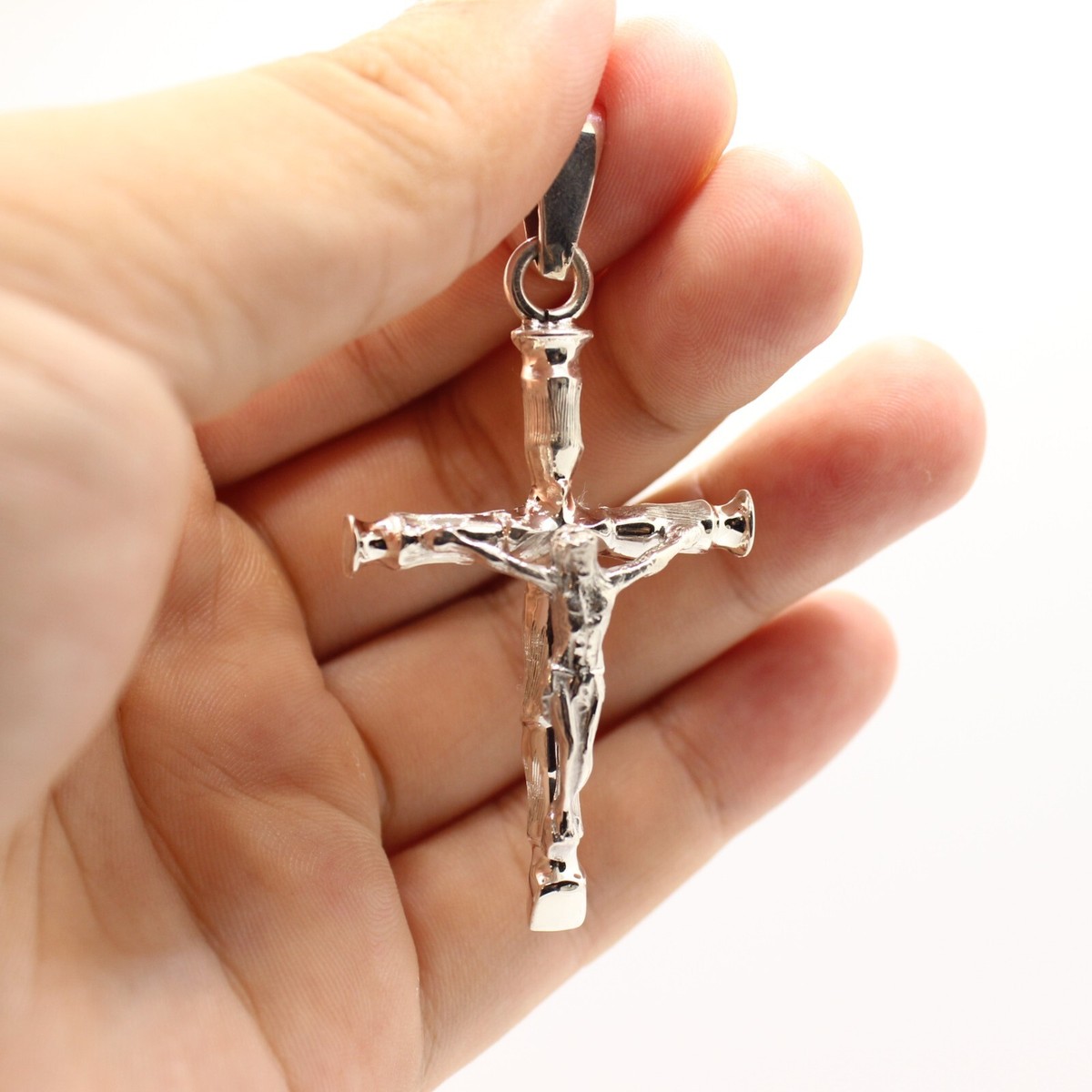 925 Sterling Silver Detailed Bamboo Styled Christian Crucifix