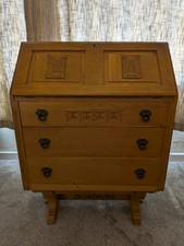 Vintage Solid Oak Bureau Writing Desk Fall Front 3 Drawer Jacobean Style NO KEY
