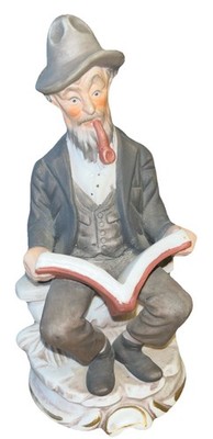 Old Man & Pipe Figurine Sitting Reading A Book With A Kindly Expression