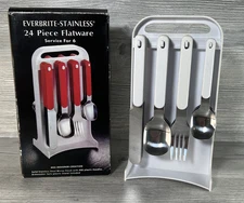 Vtg Everbrite Stainless Flatware 24 Piece With Rack White Handles Dorm Patio Etc