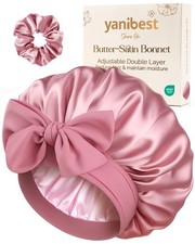 YANIBEST Adjustable Double Layer Satin Bonnet, Silk One Size, Beanpaste Pink