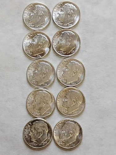 1950-1960 P&D&S Roosevelt Dimes-90% Silver-AU/BU-$1 Face Lot Of 10 #7