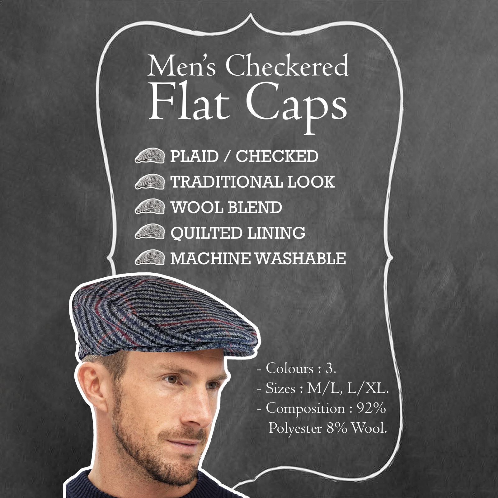 Mens Traditional Tweed Design Checked Flat Cap image 2