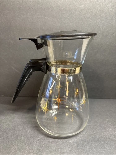 Vtg MCM Pyrex Atomic Gold Starburst Design 2 Cup Glass Coffee Carafe With Lid