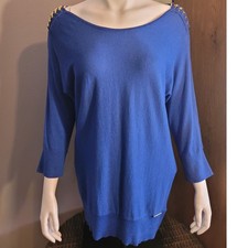 Michael Michael Kors Blue Oversized Sweater Medium Gold Chain Shoulder Logo Knit