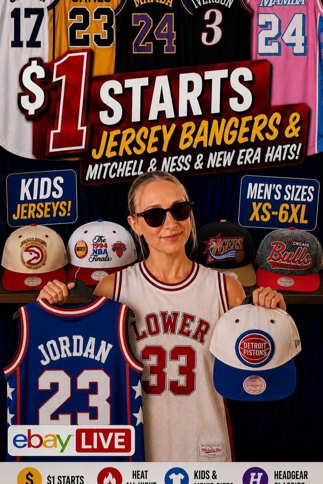 🔥 $1 STARTS! Jerseys & New Era & Mitchell & Ness Hats ALL NIGHT 🔥