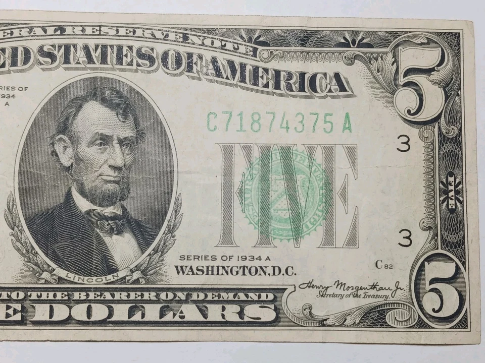 1934 A Green Seal $5.00 Dollar  Federal Reserve Note FRN Philadelphia Nice - Image 4 of 4