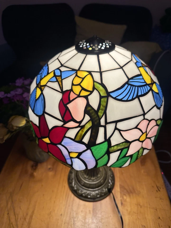 Tiffany Style 14” Tall Lamp Domed Stained Glass Hummingbird Floral Brand New - Image 2 of 4