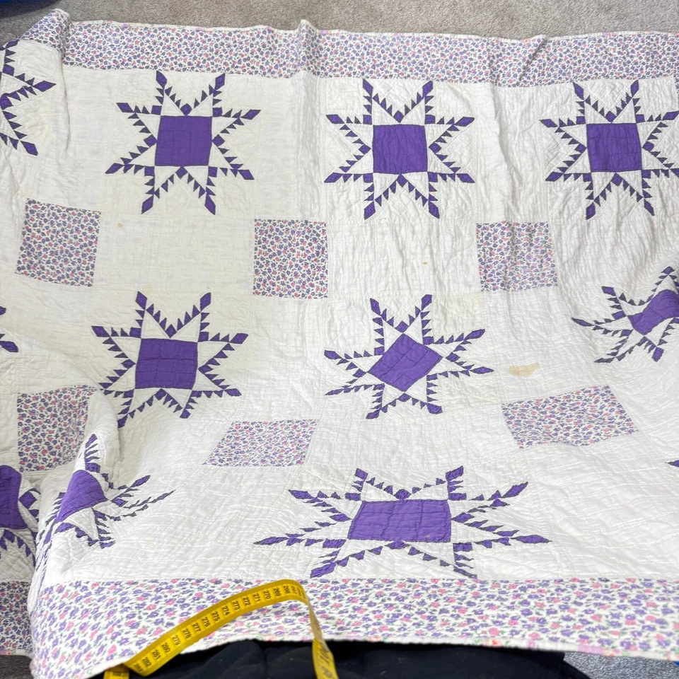 vintage handmade quilt twin flower purple feedsack cotton rustic primitive - Image 4 of 4