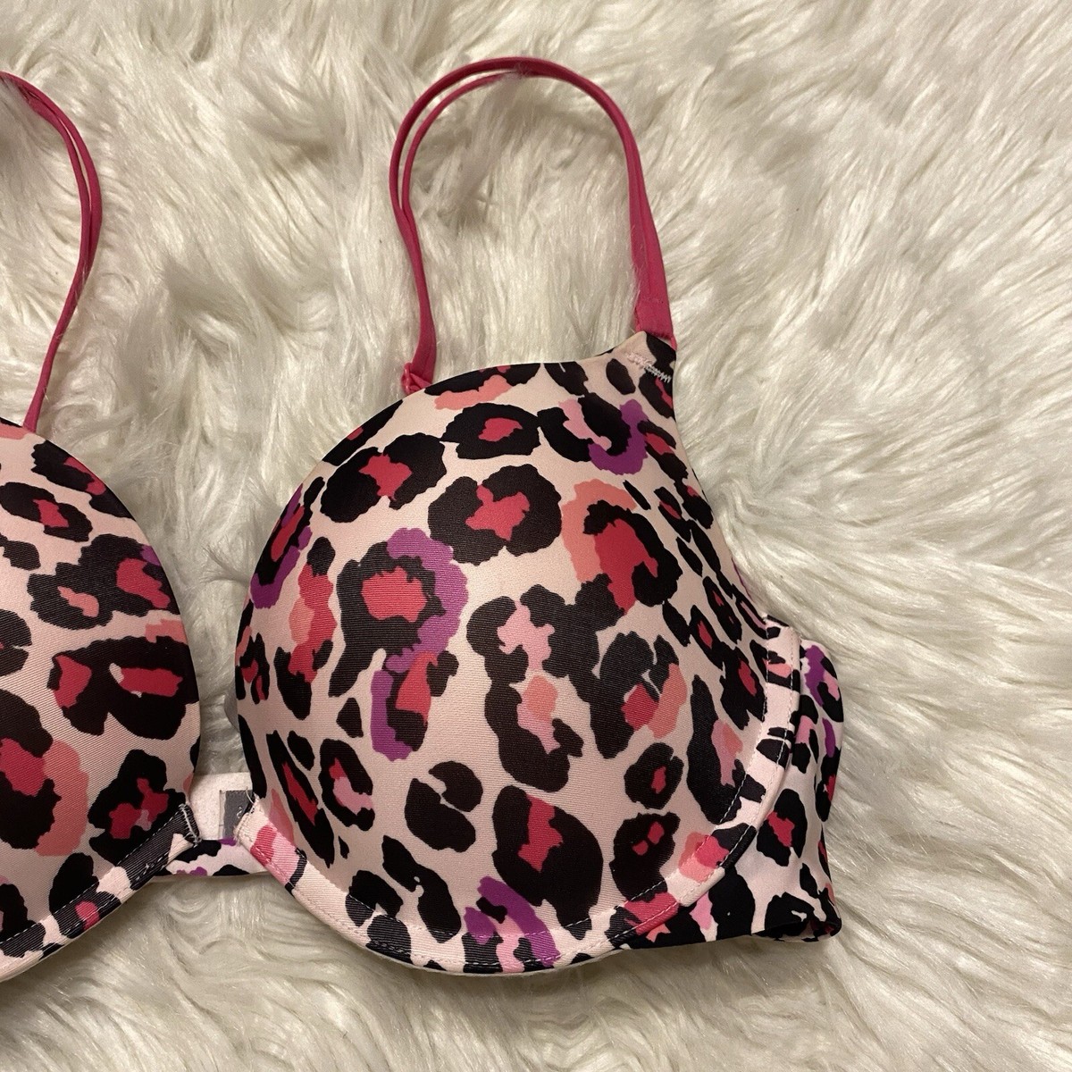 Victorias Secret 34D Bra Pink Animal Print Push Up Underwire Back