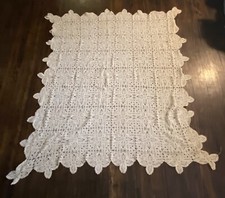 Tovaglia vintage antica tinta giallo panna fatta a mano all'uncinetto Lg centrino lino