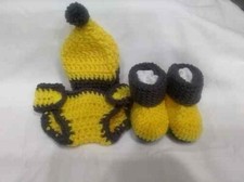 Hand Crocheted Gray n Yellow Cuff Boots, Beanie,  Diaper Cover Bee's Babiez 