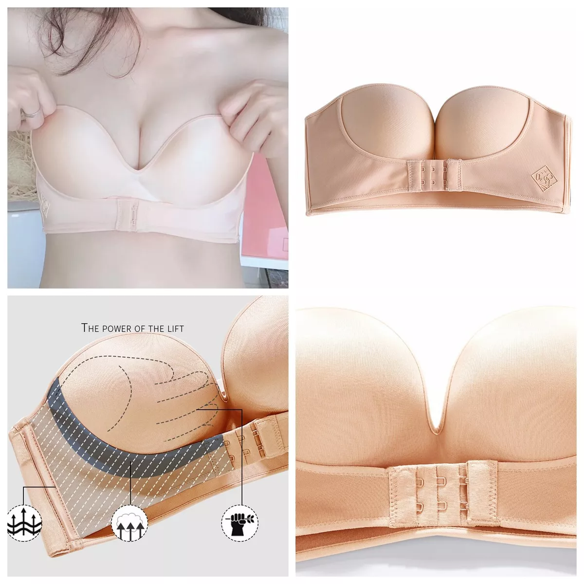 Women Padded bra gather Strapless Bra Women Super Push Up Bra Lingerie  Invisible Brassiere with adjustable shoulder Front Closure Bras 