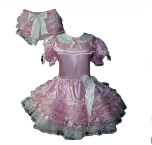 Francuska dla dorosłych Seksowna sukienka cross-dressing dziewczynka różowa satynowa koronkowa sukienka / - Zdjęcie 1 z 4
