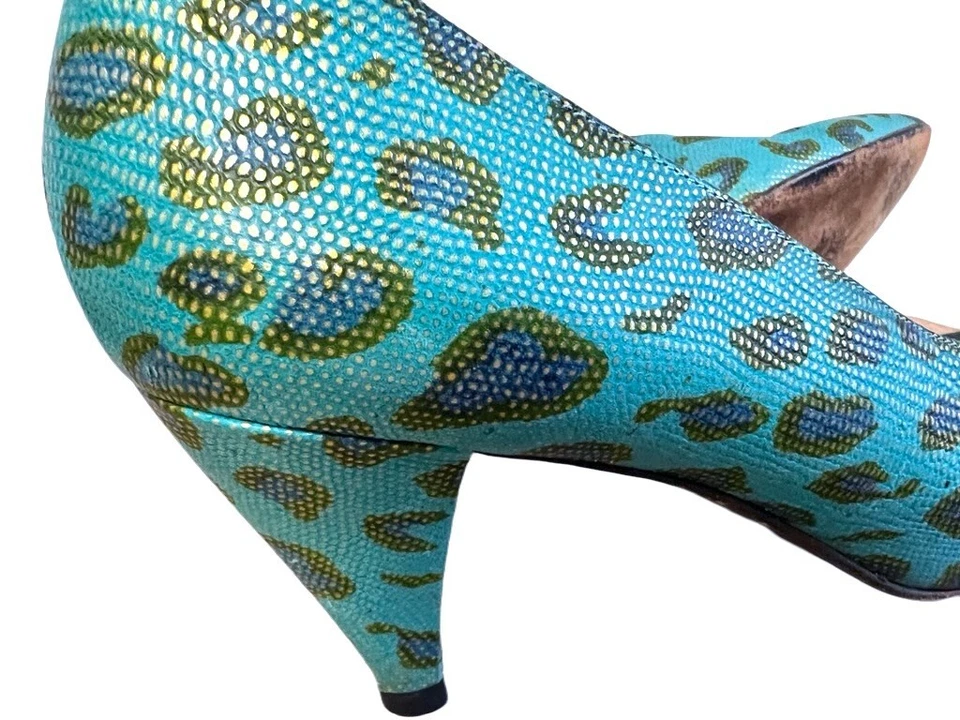 Zapatos De Colección Años 80 BRUNO MAGLI Azul Verde Dorado Estampado Animal Piel de Reptil Tacones 7N Foto 4 de 4