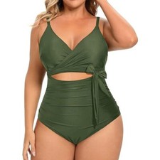 Daci 24W Plus Size One Piece Swimsuit High Waisted Tummy Control Wrap Cutout
