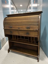 Early 19th Century Antique Oak Tambour Roll Top Writing Bureau Slim Desk